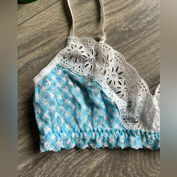 Hanky panky blue check white floral lace unlined wireless ruffle band bralette S - Picture 2 of 5